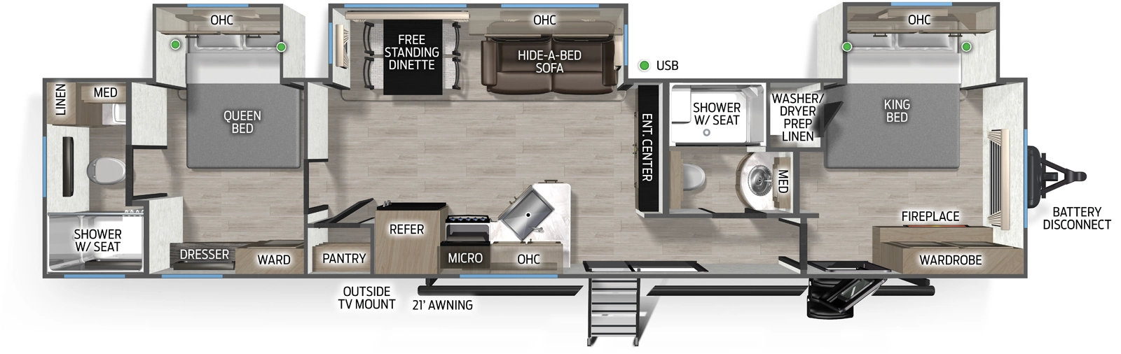 The Cascade 39HBAC floorplan has two entries and three slide outs. Exterior features include: fiberglass exterior and 21' awning. Interiors features include: free-standing dinette option, front bedroom, two bedrooms, rear bathroom and two full bathrooms.